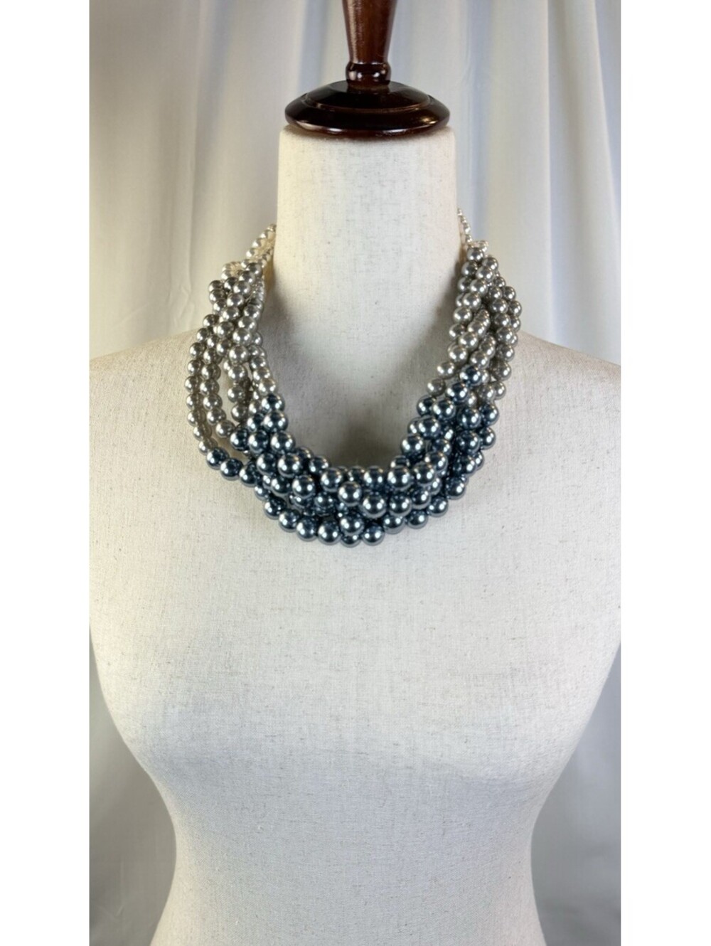 Talbots 17" Double Strand Faux Pearl Necklace Silver/Grey Torsade Choker